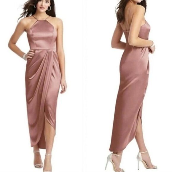 Norstrom After Six 6829 Midi Halter Dress Draped Prom Size 14 Dessert Rose - Picture 1 of 12